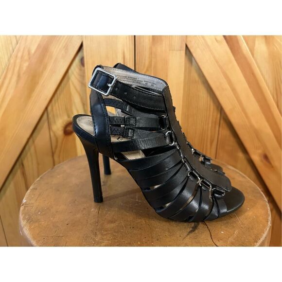 Guess Women's Leather High Heel Caged Peep Toe Sandals Size 6M Black - Picture 1 of 8